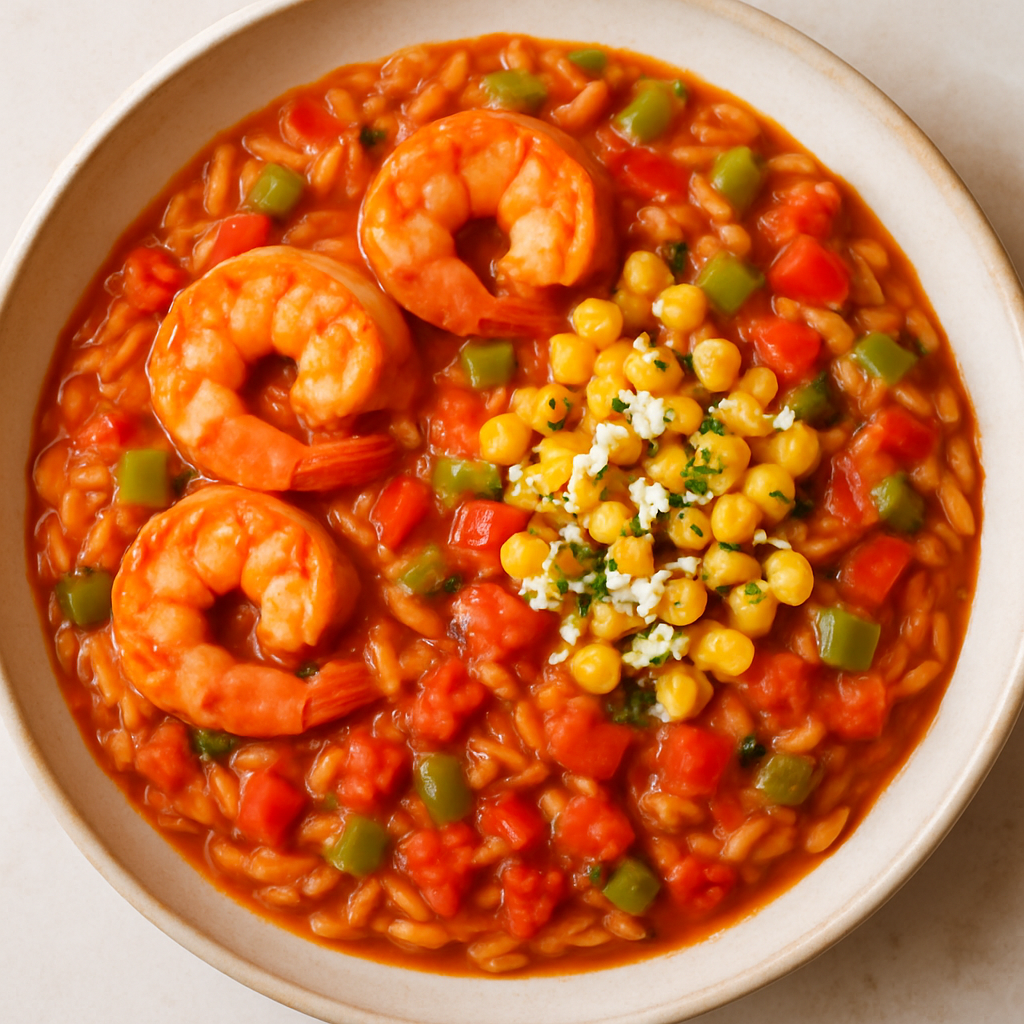 Seafood Creole Orzo Risotto with Elote Corn