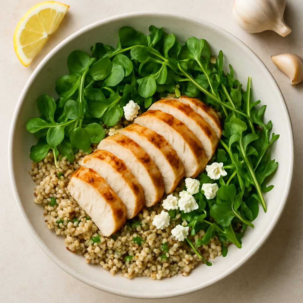 Watercress, Chicken, and Feta Quinoa Bowl