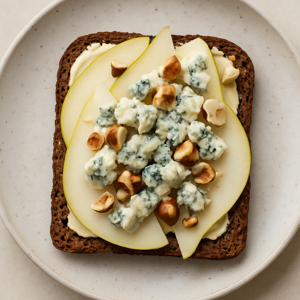 Smørrebrød de Queso Azul, Pera y Avellana