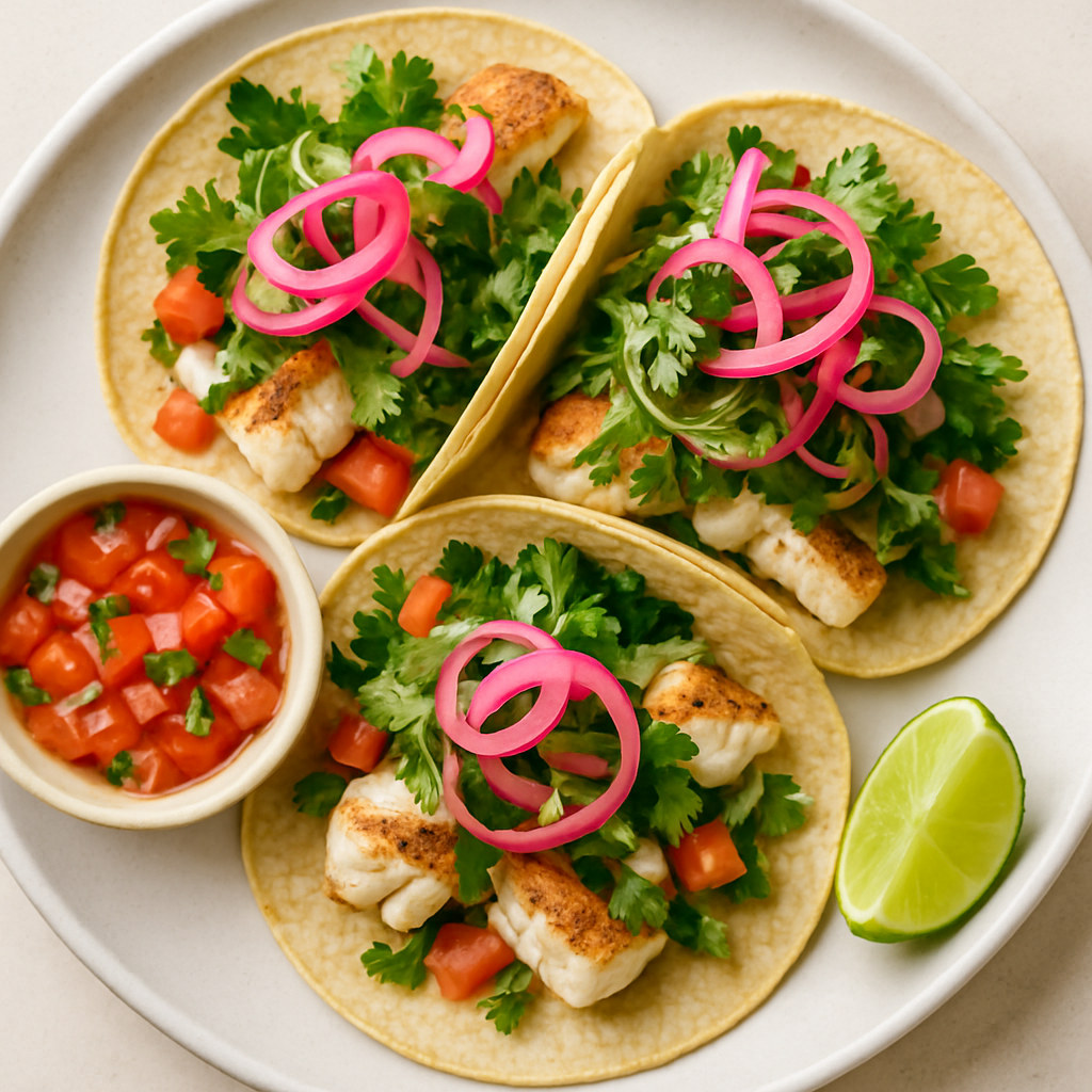 Tacos de Pescado con Ensalada de Hierbas y Cebolla Encurtida Rápida