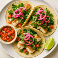 Tacos de Pescado con Ensalada de Hierbas y Cebolla Encurtida Rápida