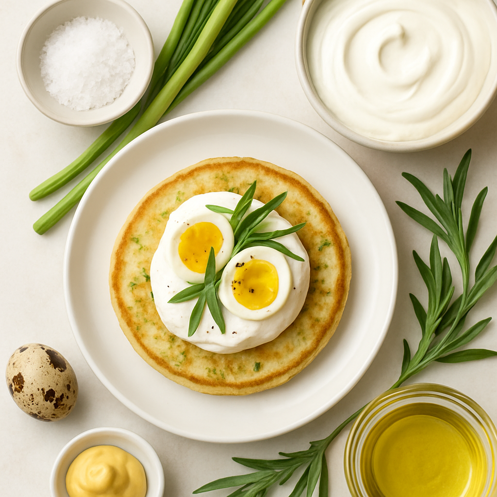 Chive Blini with Crème Fraîche, Quail Eggs, and Tarragon
