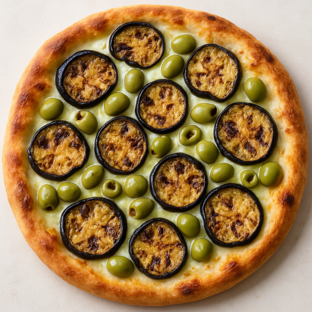 Eggplant, Green Olive, and Provolone Pizza