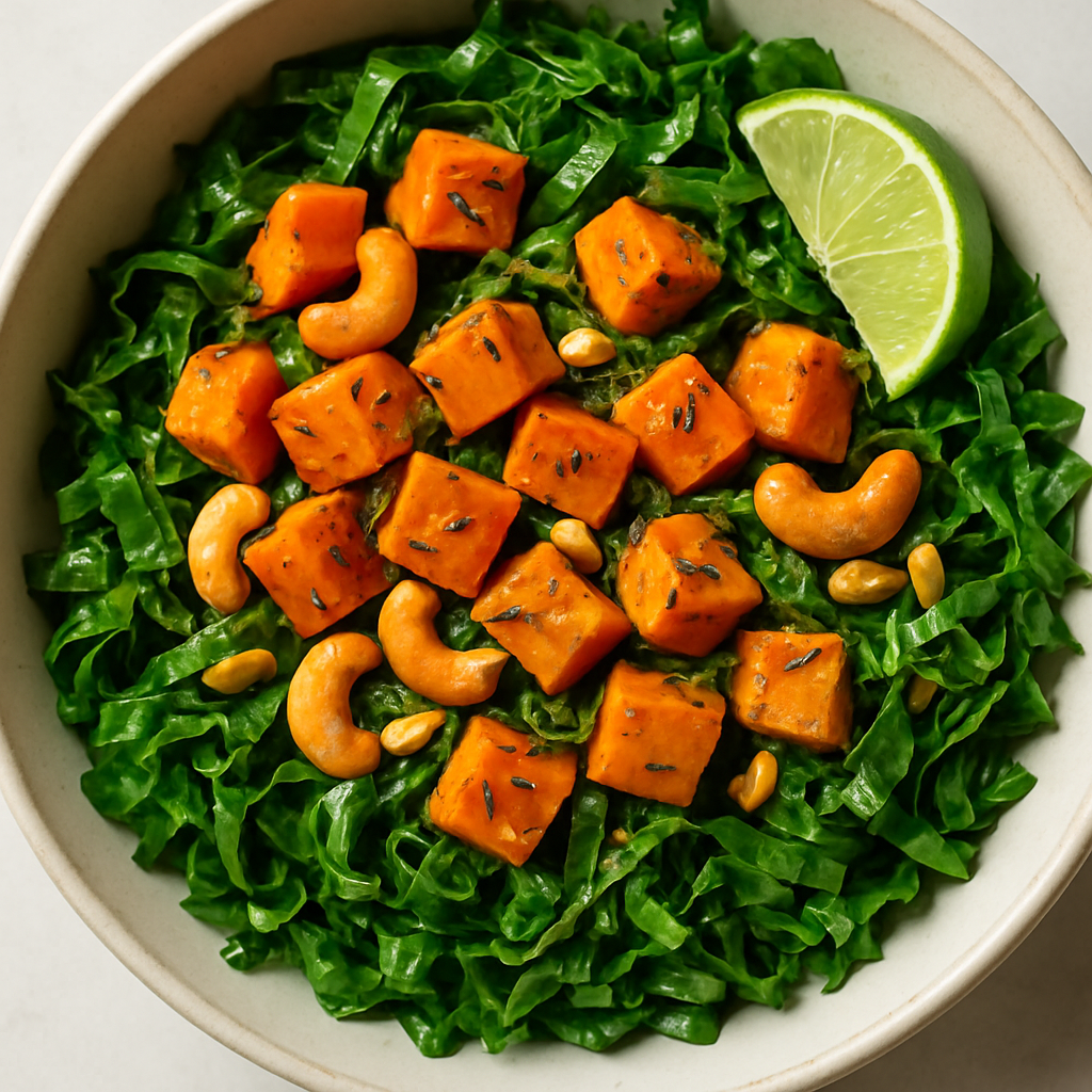 Shredded Collard Green Salad with Roasted Sweet Potatoes and Cashews