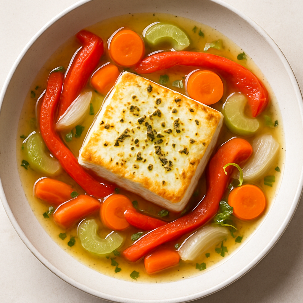 Queso Feta al Horno con Pimientos Rojos Asados y Caldo de Limón-Orégano