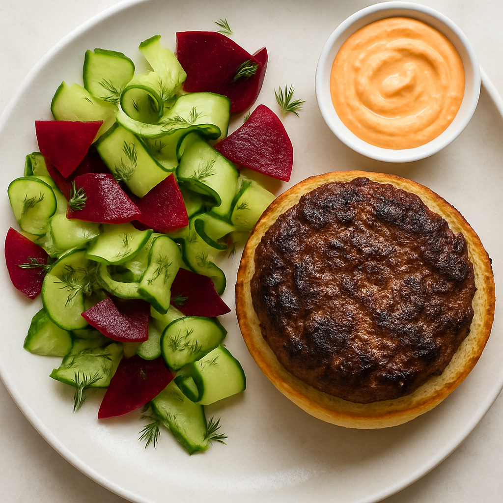 Spiced Beef Burger with Shaved Cucumber and Beet Salad