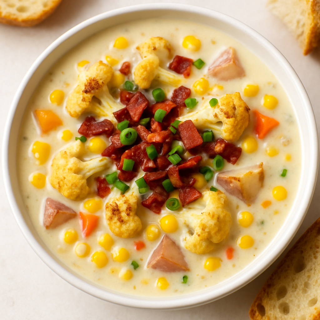 Sopa de Maíz Cremosa con Coliflor Asada
