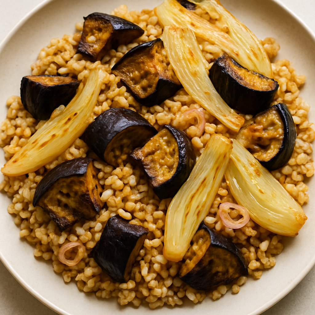 Fried Brown Rice with Braised Fennel and Roasted Eggplant