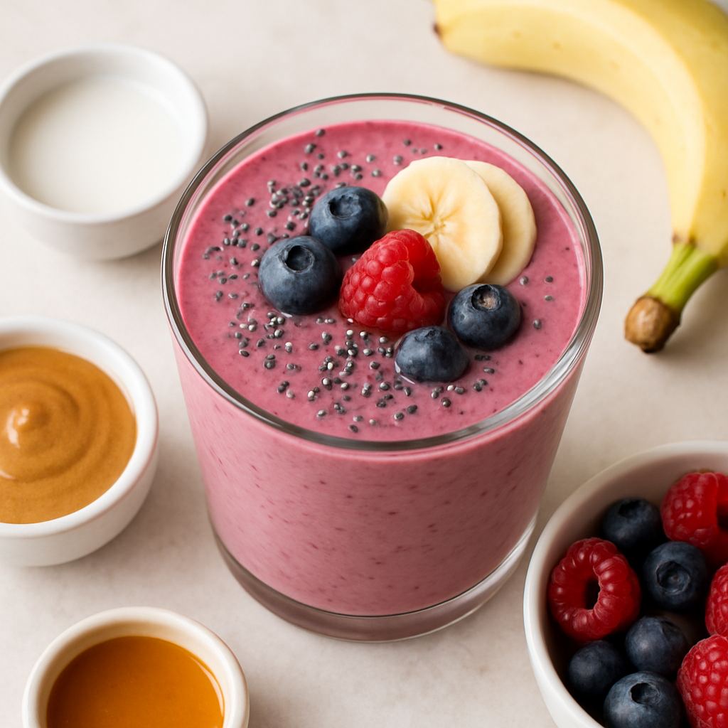 Batido de Coco, Plátano y Bayas con Semillas de Chía