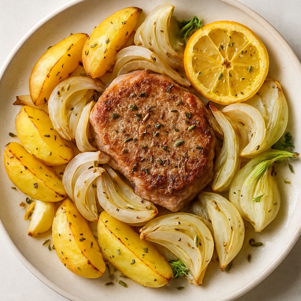 Baked Fennel Pork with Lemony Potatoes & Onions