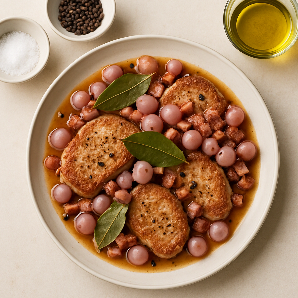 Pork Cutlets With Pickled Pearl Onions And Pancetta