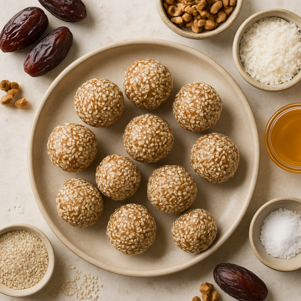 Bolitas de Dátil, Miel y Sésamo Crudas