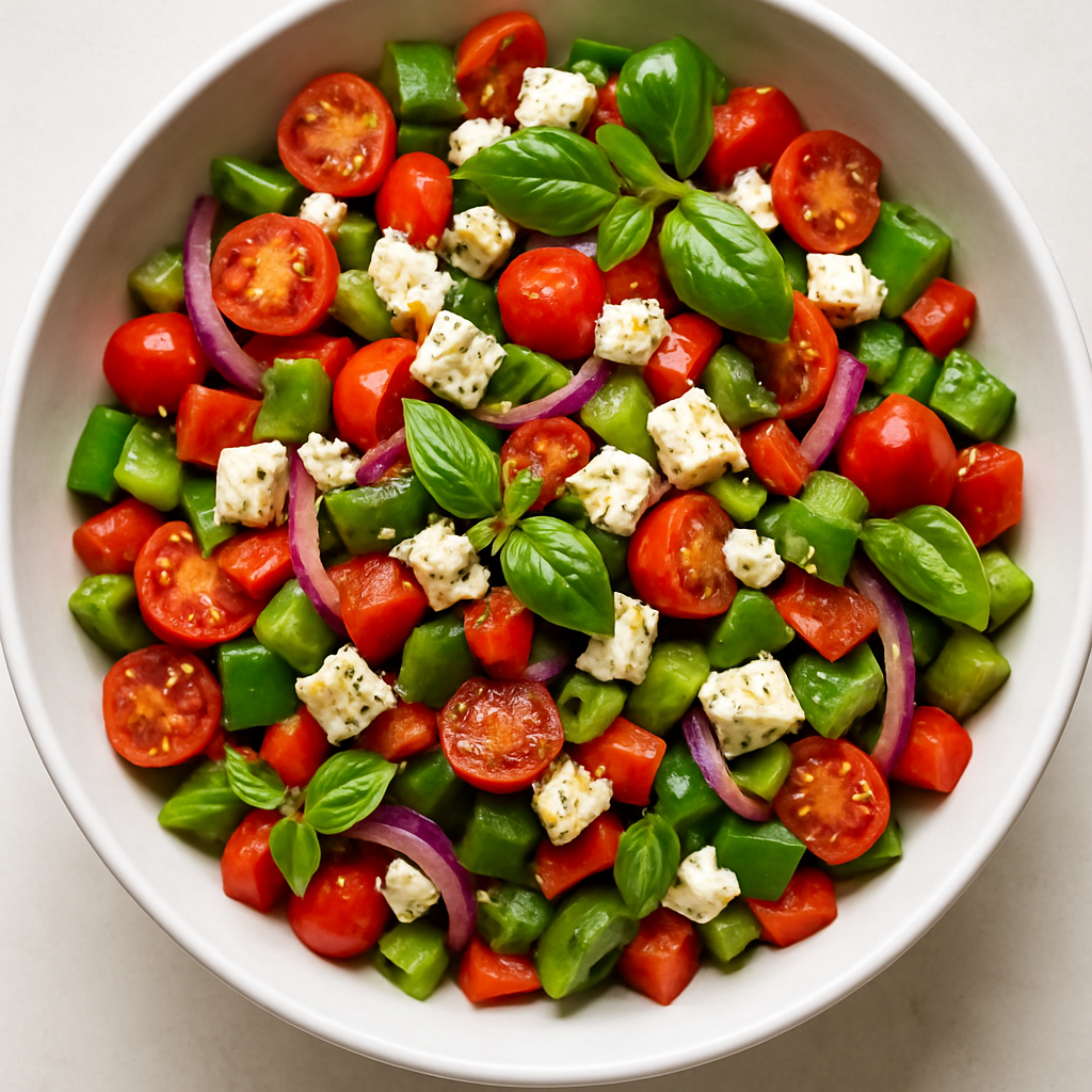 Mediterranean Chopped Salad with Tomatoes, Peppers, Feta, and Basil